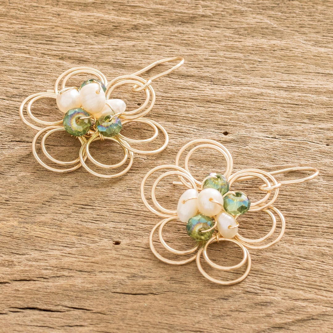 Flower-Shaped Cultured Pearl and Crystal Earrings - Golden Essence