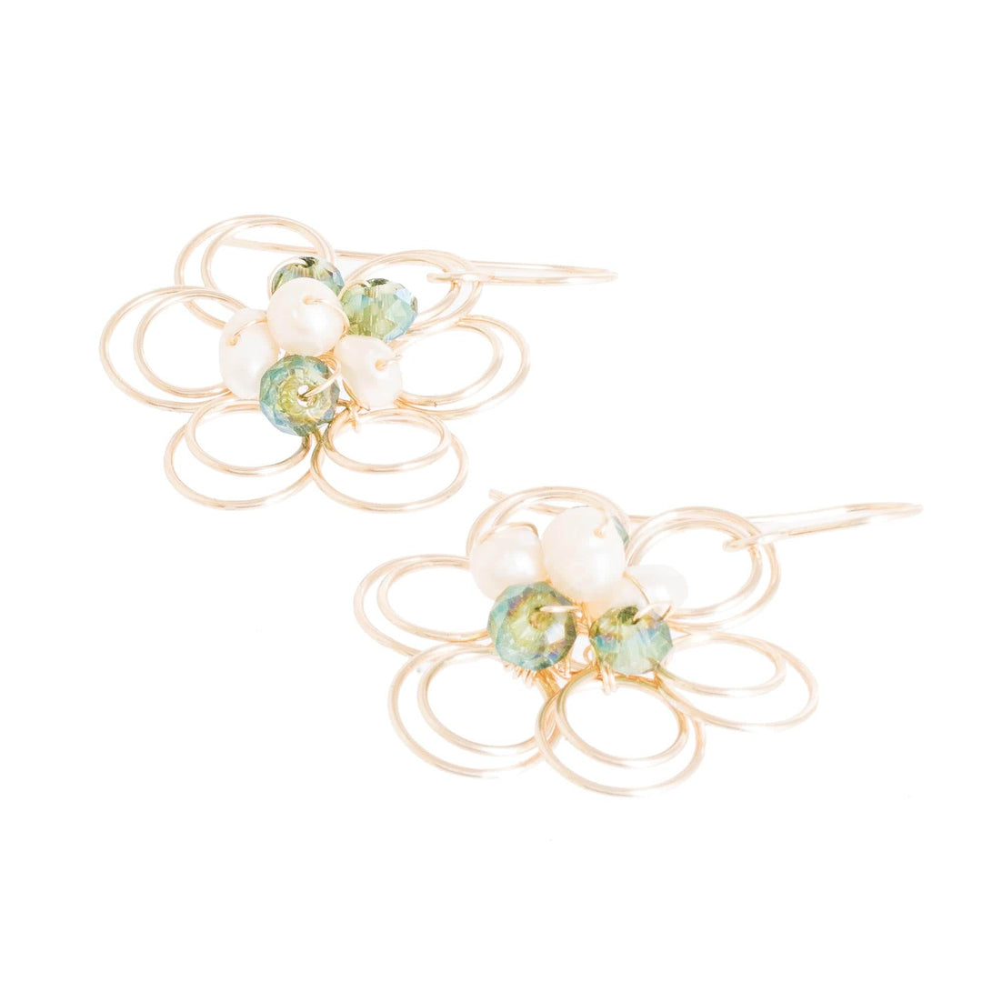 Flower-Shaped Cultured Pearl and Crystal Earrings - Golden Essence