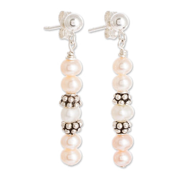 Rose and White Cultured Pearl Earrings with Sterling Silver - Costa Rican Rose