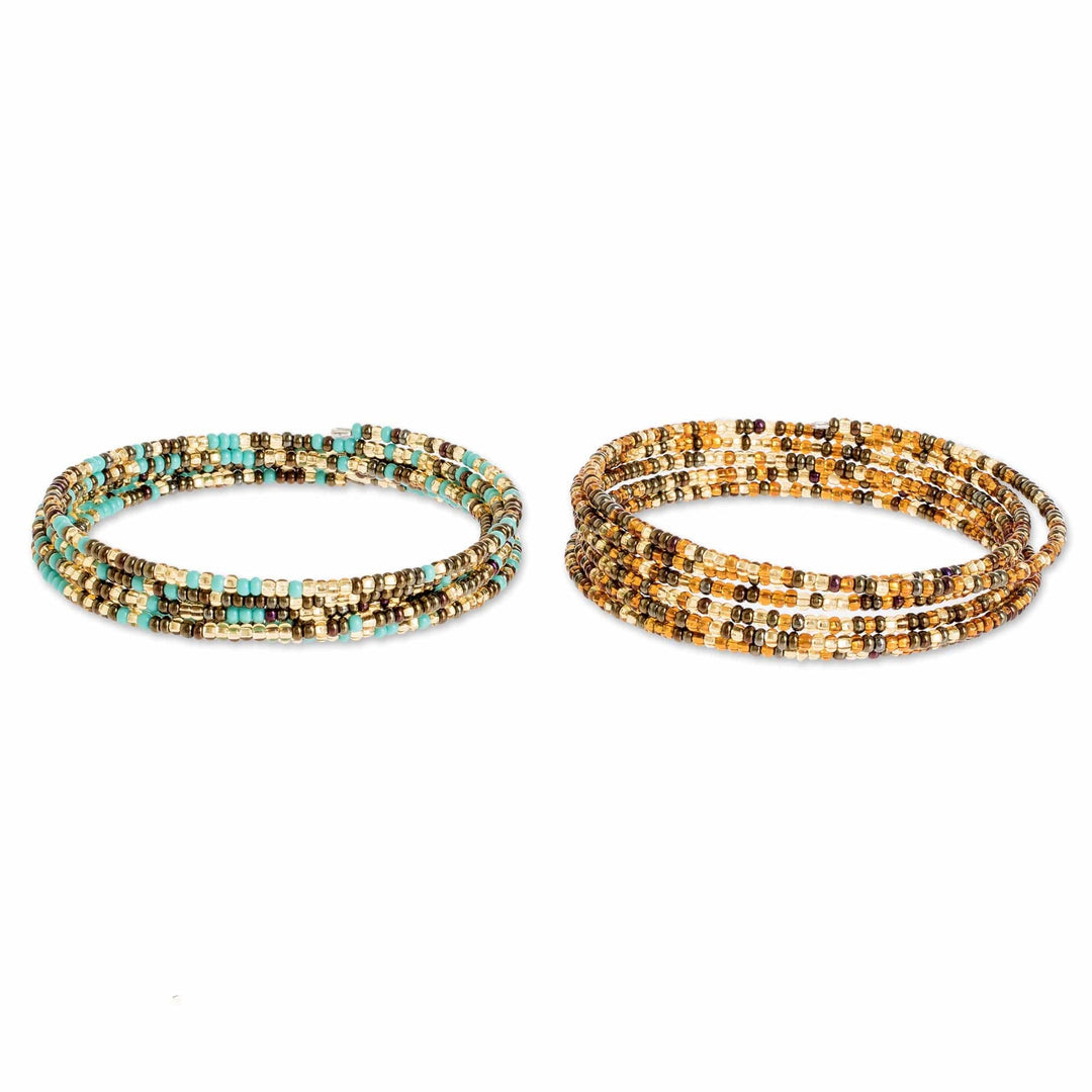 Blue and Gold Glass Beaded Wire Wrap Bracelets (Pair) - Sea and Sand
