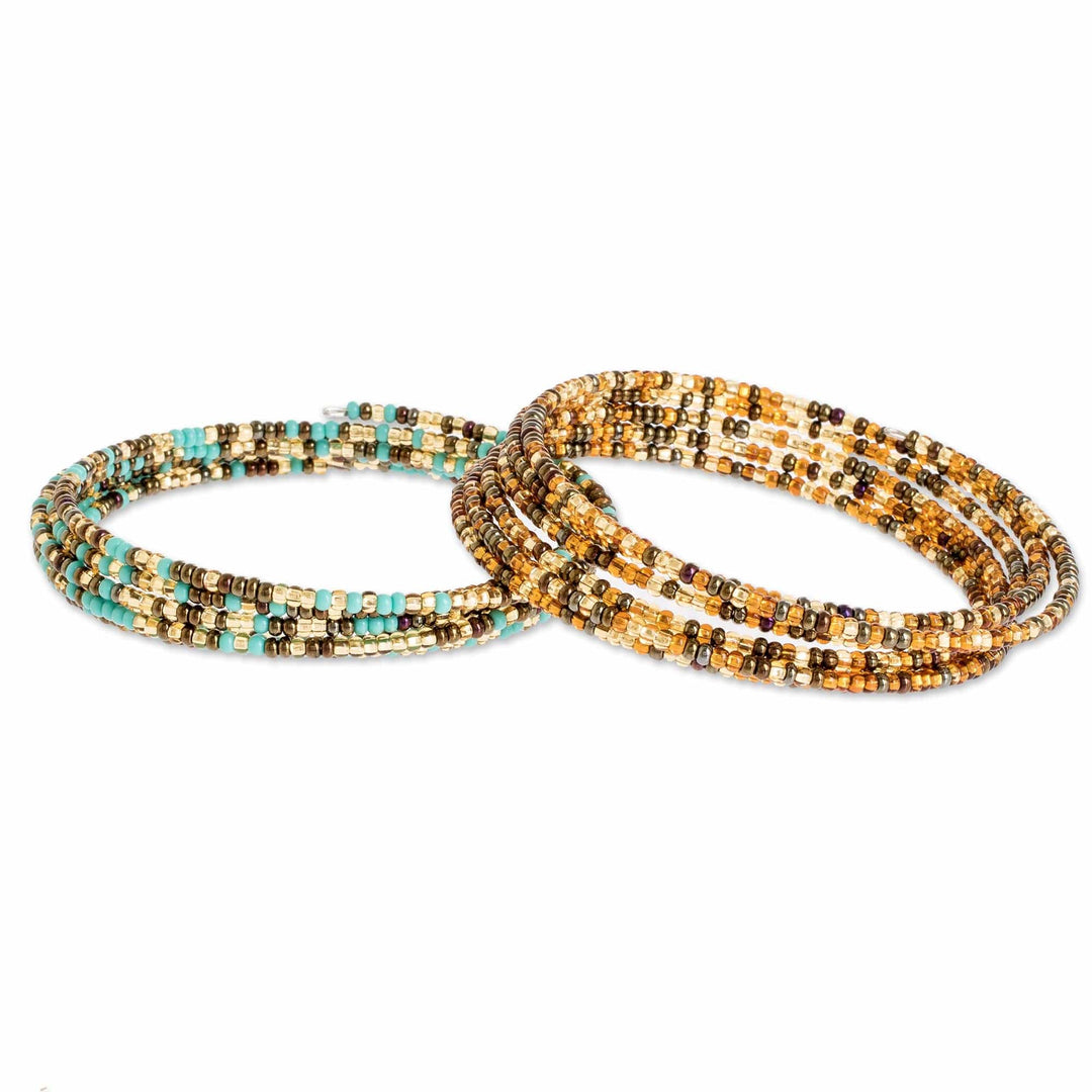 Blue and Gold Glass Beaded Wire Wrap Bracelets (Pair) - Sea and Sand
