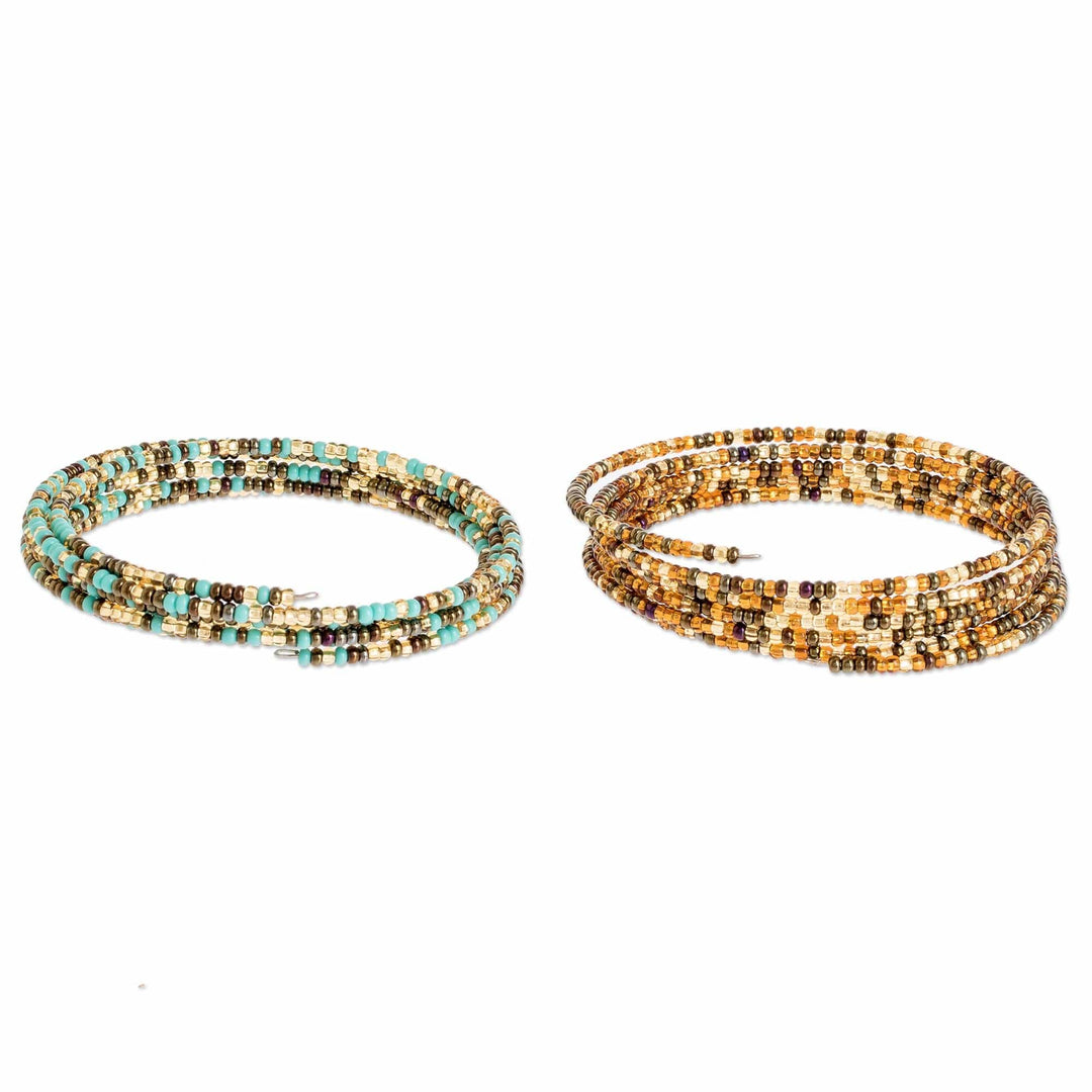 Blue and Gold Glass Beaded Wire Wrap Bracelets (Pair) - Sea and Sand