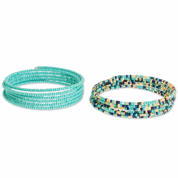 Glass Beaded Bracelets in Aqua and Other Colors (Pair) - Aqua Spirals