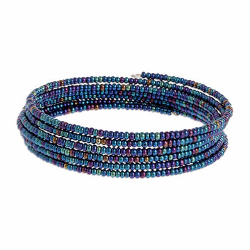 Multi-Hued Blue Glass Bead Bracelet on Stainless Steel Wire - Shimmering Azure