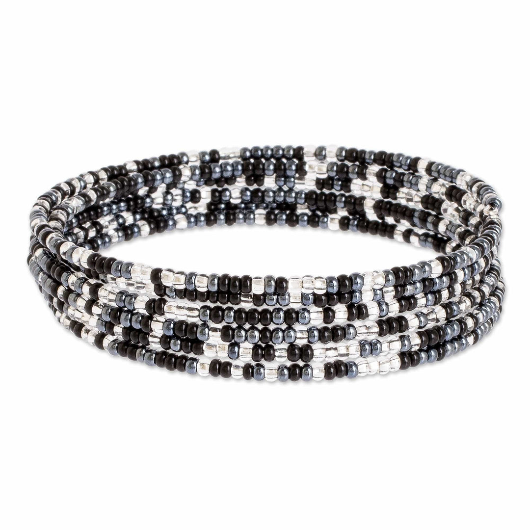 Black Grey and Clear Glass Beaded Steel Wire Bracelet - Volcano Ice