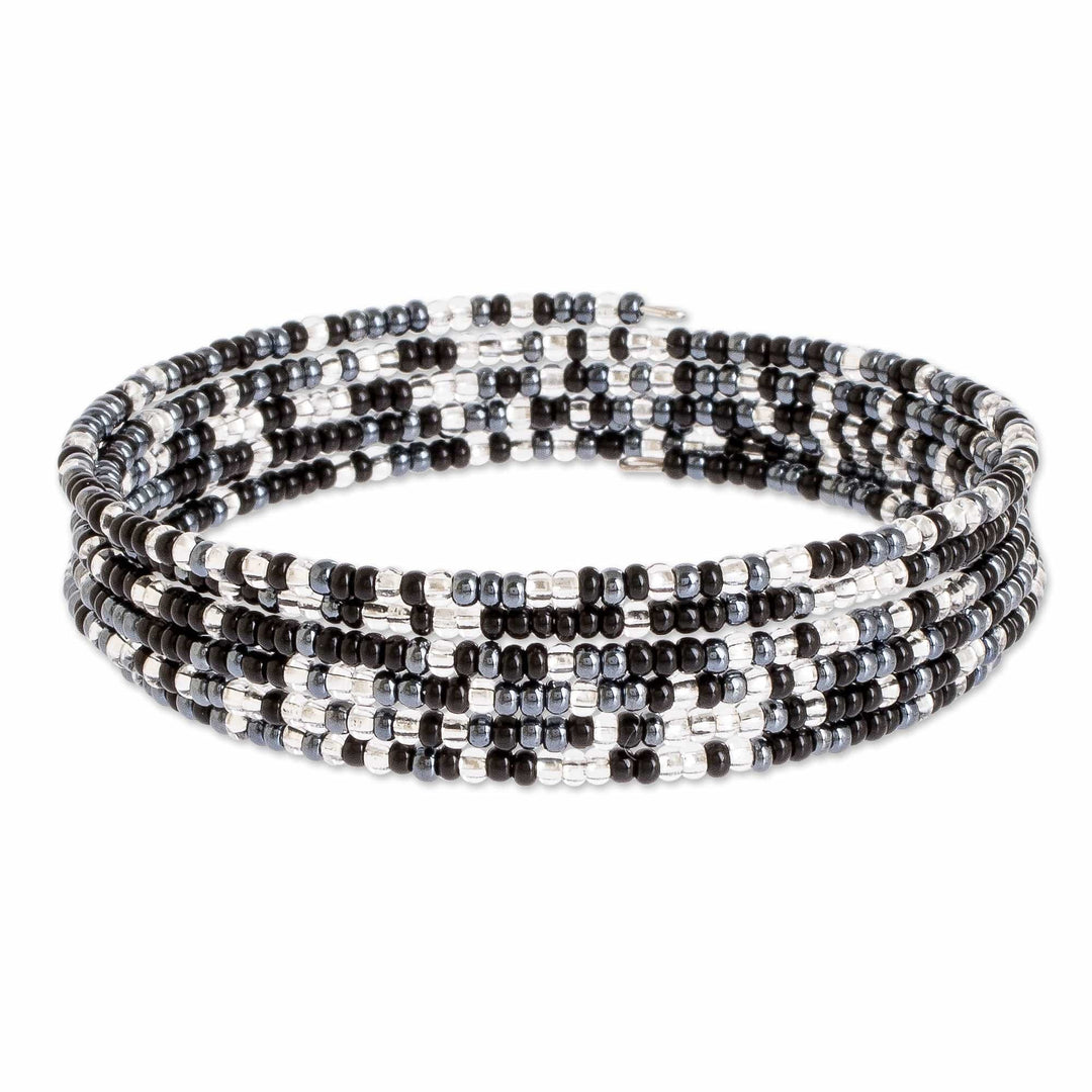 Black Grey and Clear Glass Beaded Steel Wire Bracelet - Volcano Ice