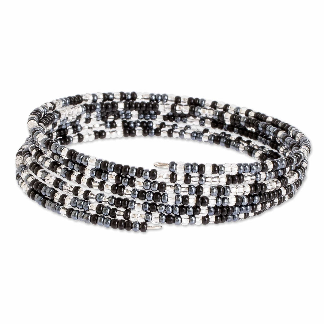 Black Grey and Clear Glass Beaded Steel Wire Bracelet - Volcano Ice