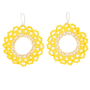 Yellow and White Beaded Sunflower Dangle Earrings with Hooks - Solar Glow