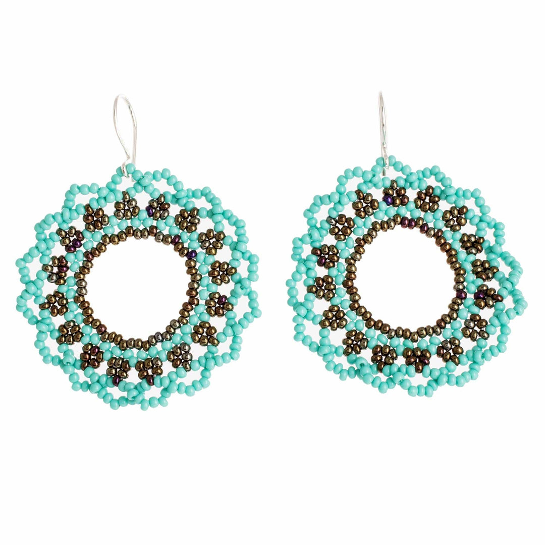 Aqua Blue and Bronze Colored Beaded Dangle Earrings - Water Glow