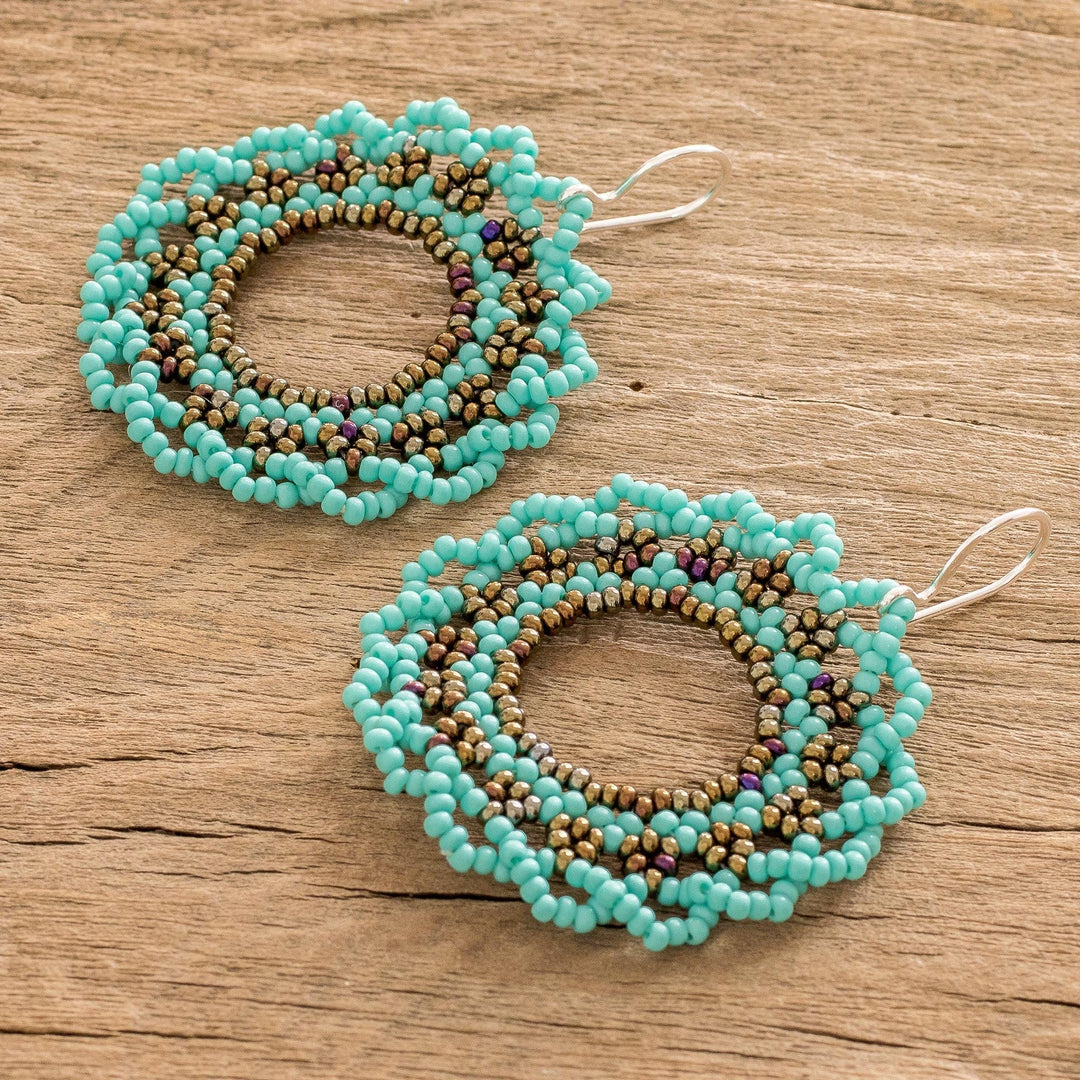 Aqua Blue and Bronze Colored Beaded Dangle Earrings - Water Glow