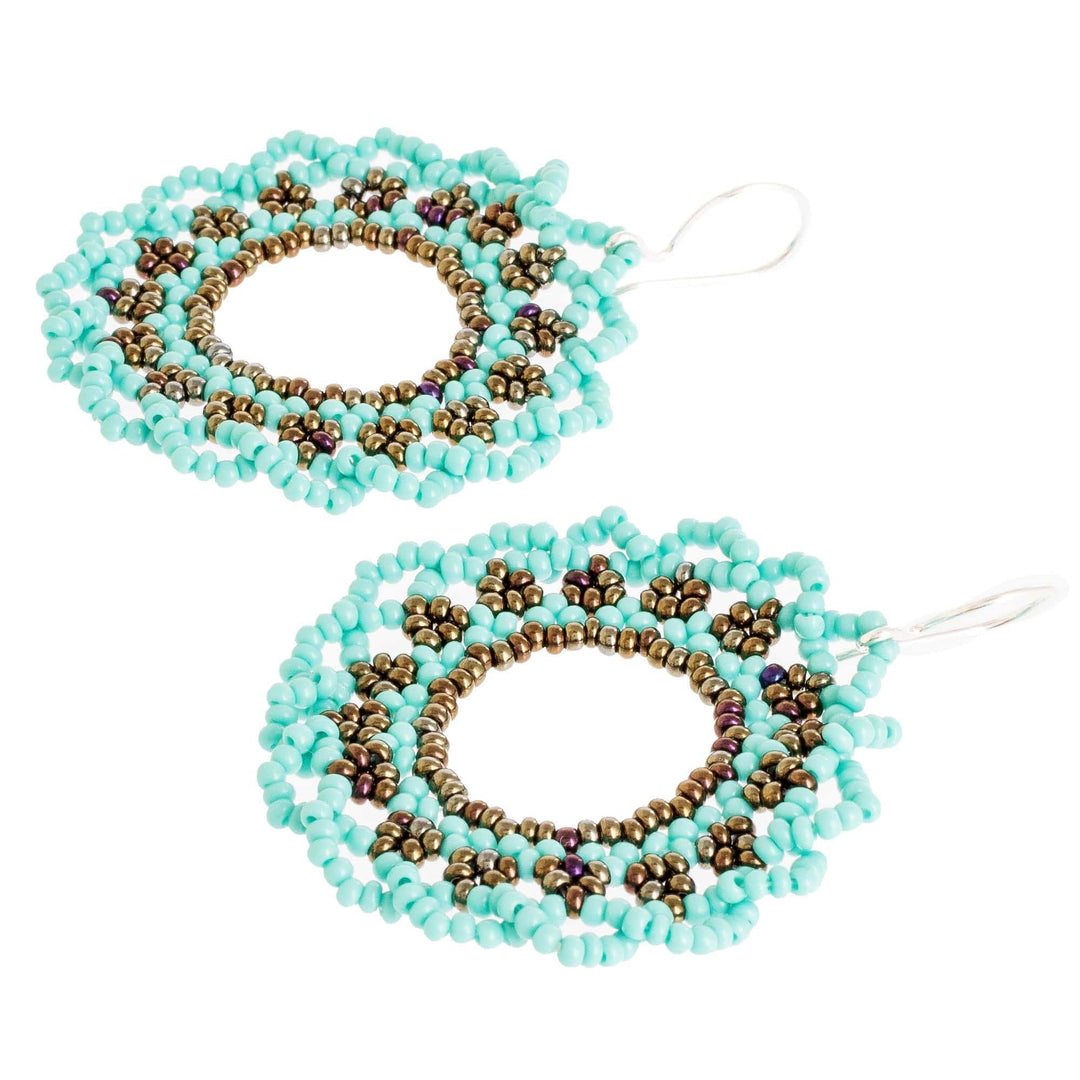 Aqua Blue and Bronze Colored Beaded Dangle Earrings - Water Glow