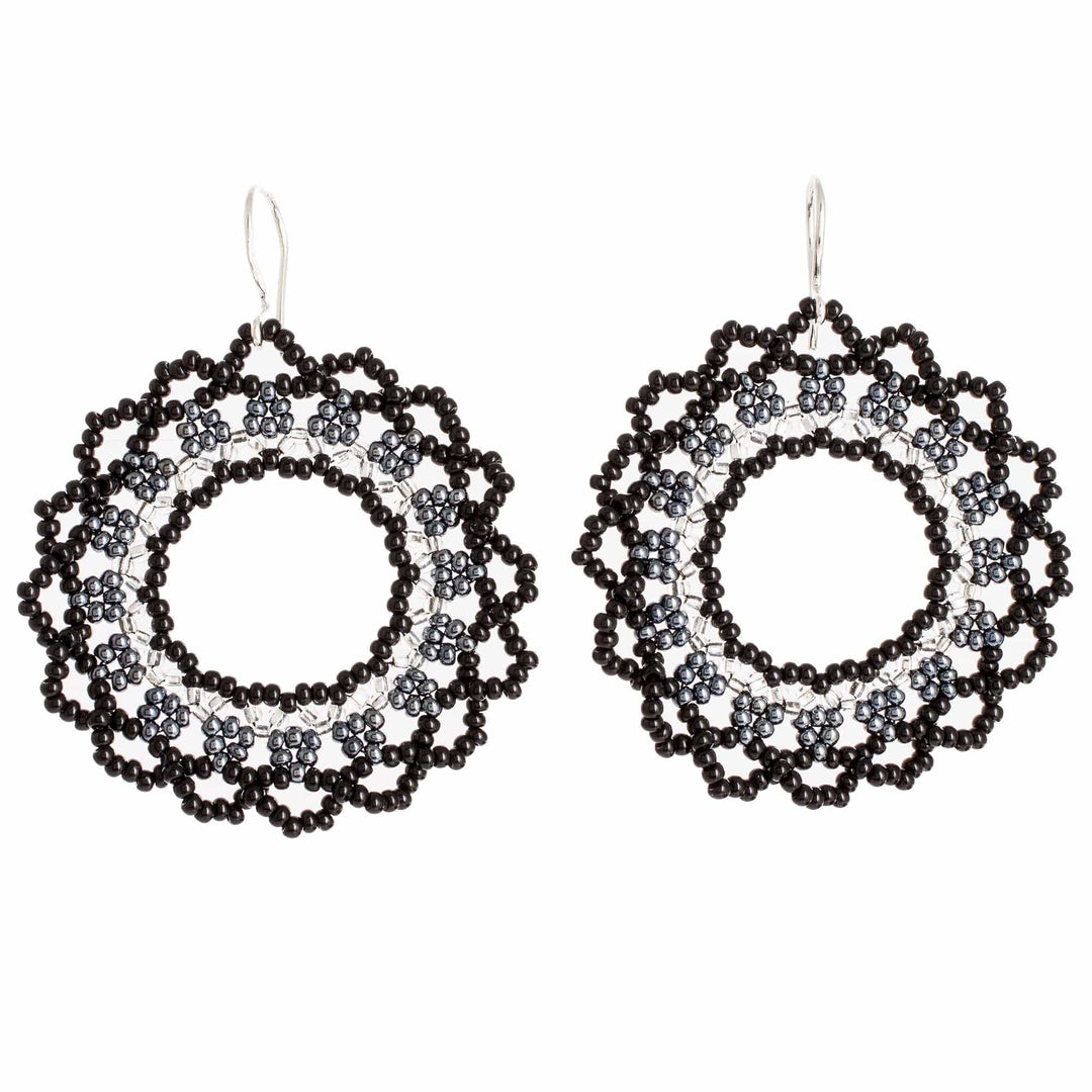 Black Metallic and Clear Beaded Dangle Earrings - Shadow Glow