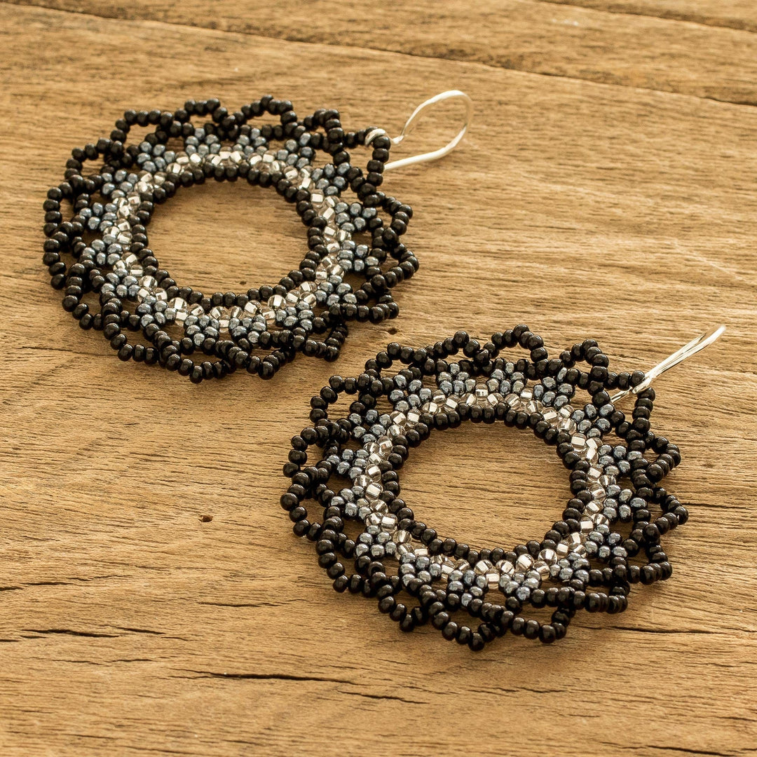 Black Metallic and Clear Beaded Dangle Earrings - Shadow Glow