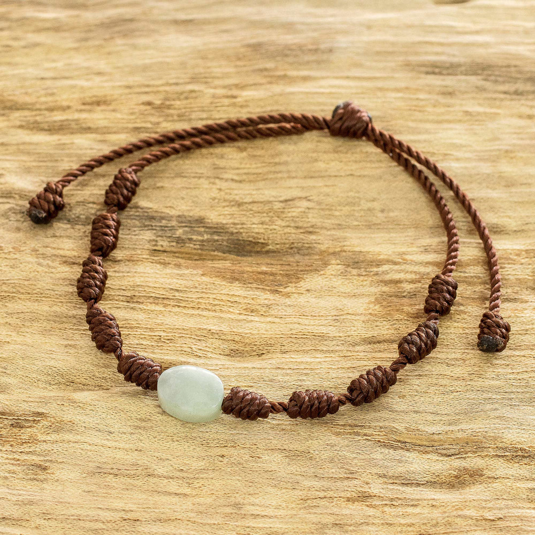 Brown Macrame Bracelet with Light Green Jade Stone - Little Green Apple