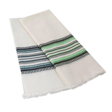 Two Handwoven Guatemalan White and Green Cotton Dish Towels - Forest Colors