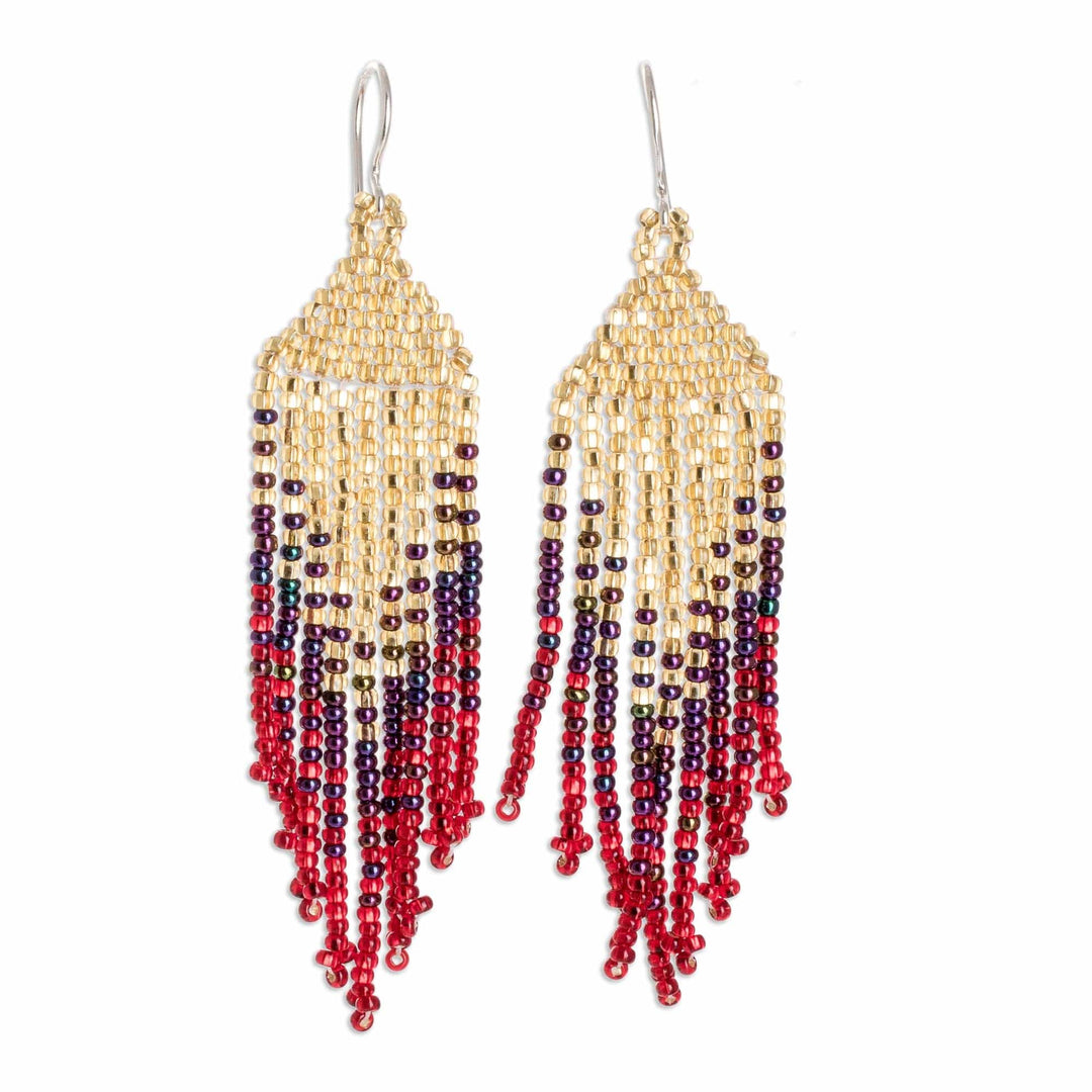 Glass Beaded Waterfall Earrings in Gold and Red - Rain of Fire