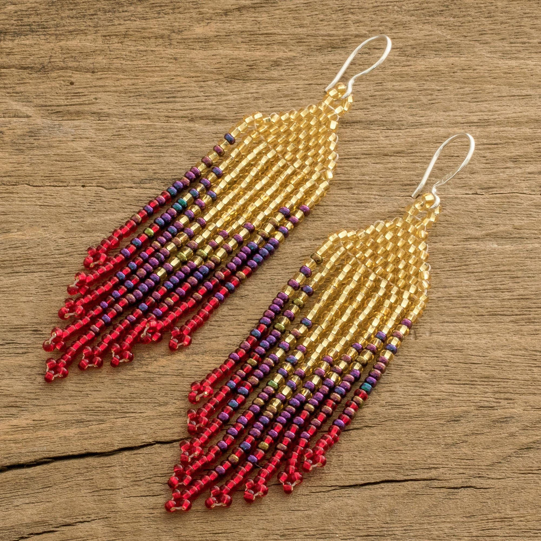 Glass Beaded Waterfall Earrings in Gold and Red - Rain of Fire
