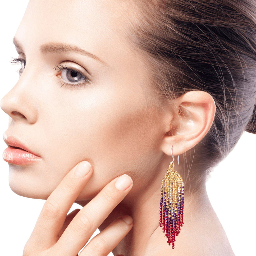 Glass Beaded Waterfall Earrings in Gold and Red - Rain of Fire