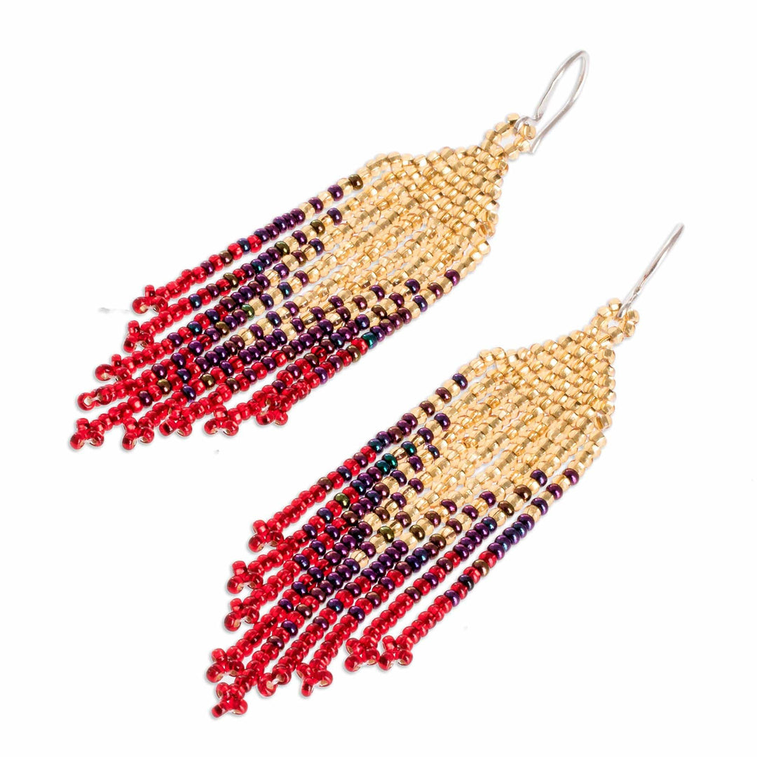 Glass Beaded Waterfall Earrings in Gold and Red - Rain of Fire