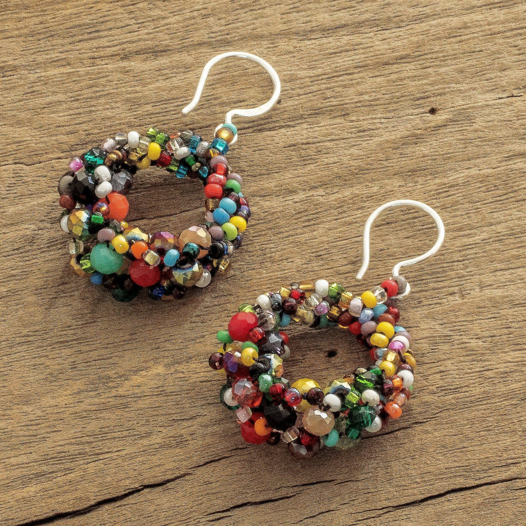 Multicolored Glass Bead and Crystal Circular Dangle Earrings - Bauble Happiness