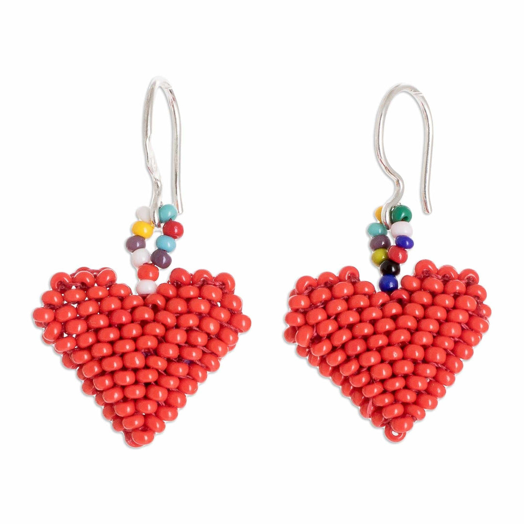 Bright Red Heart Earrings on Sterling Silver Hooks - Dotted Hearts