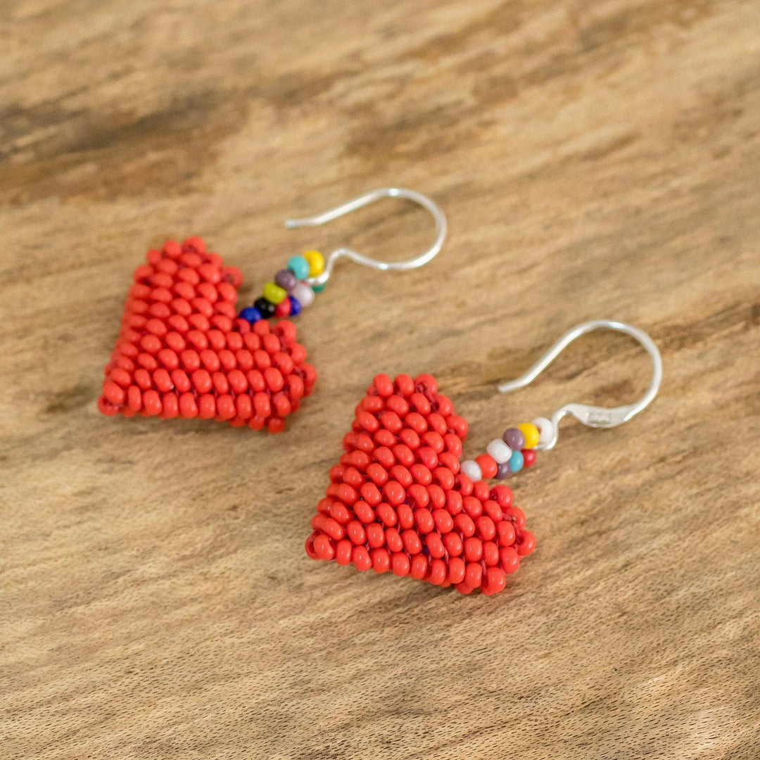 Bright Red Heart Earrings on Sterling Silver Hooks - Dotted Hearts