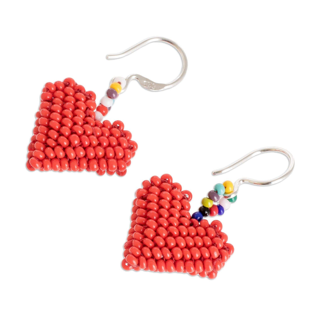 Bright Red Heart Earrings on Sterling Silver Hooks - Dotted Hearts