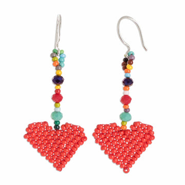 Heart-Shaped Dangle Earrings Woven in Red Glass Beads - Rainbow Hearts