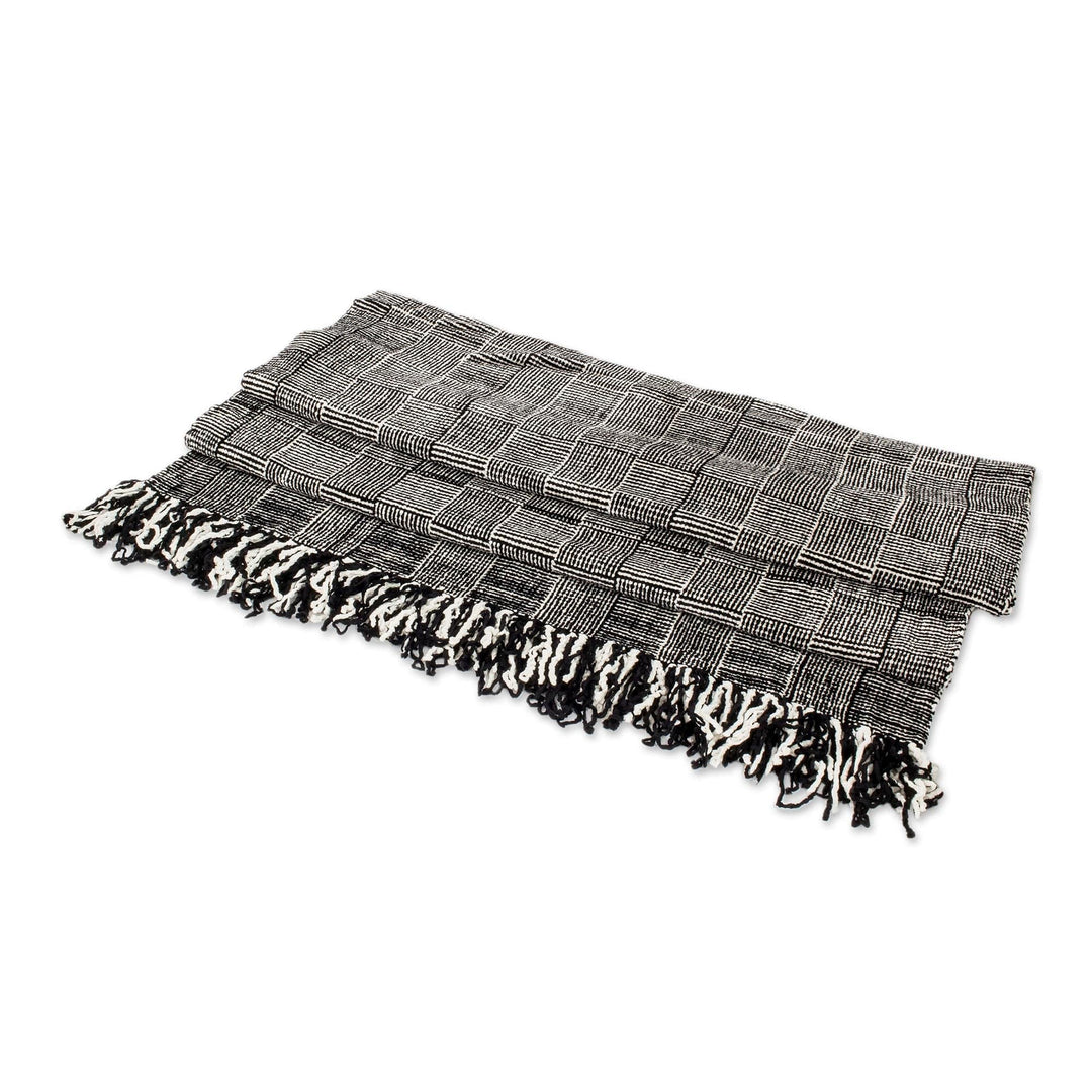 Handloomed Rayon Shawl in Black and White - Monochromatic Elegance