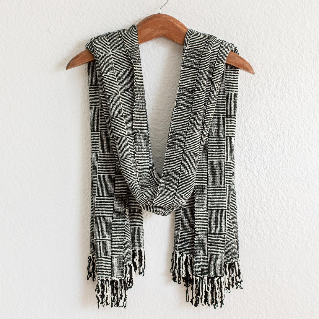 Handloomed Rayon Shawl in Black and White - Monochromatic Elegance