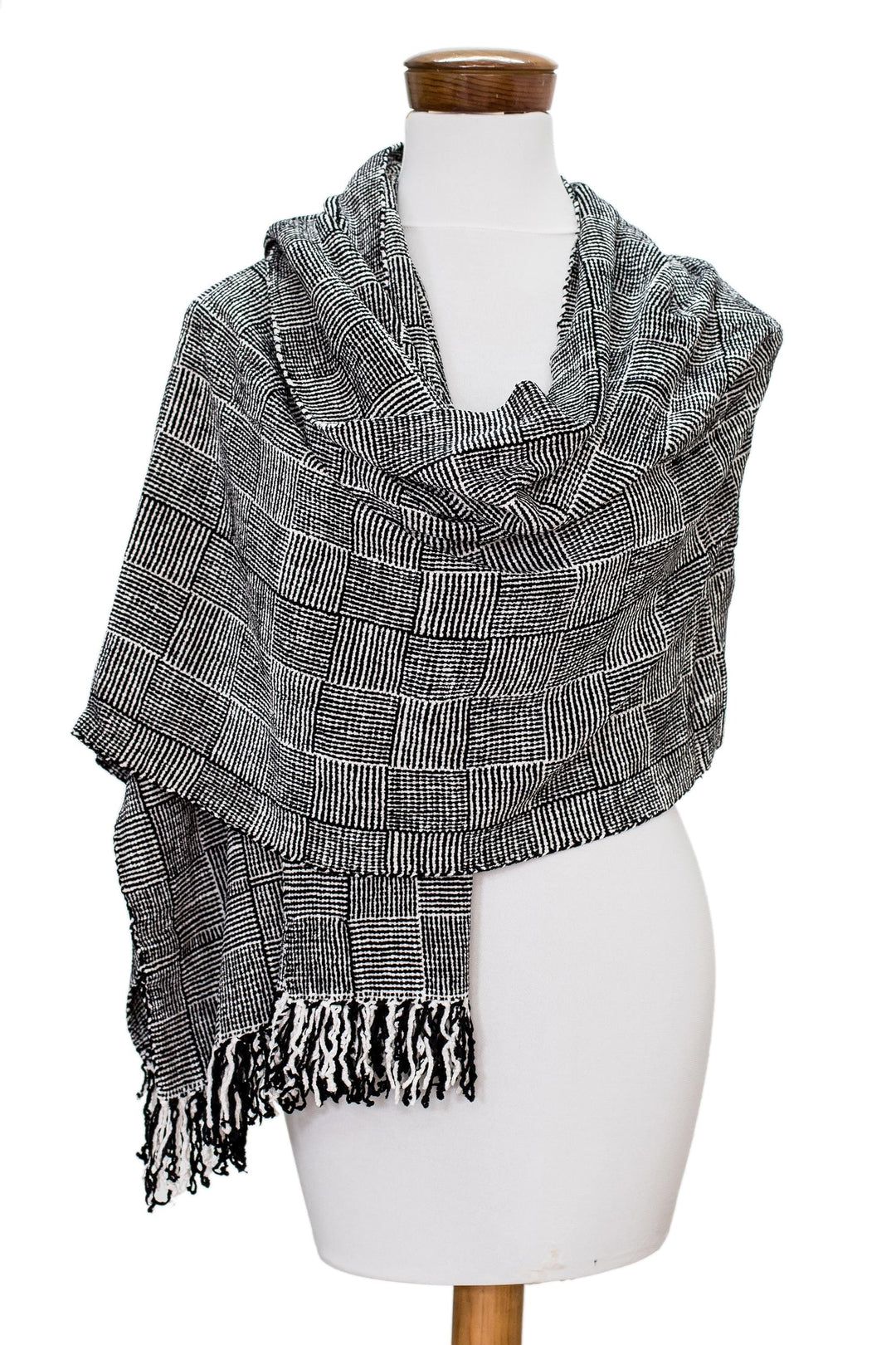 Handloomed Rayon Shawl in Black and White - Monochromatic Elegance