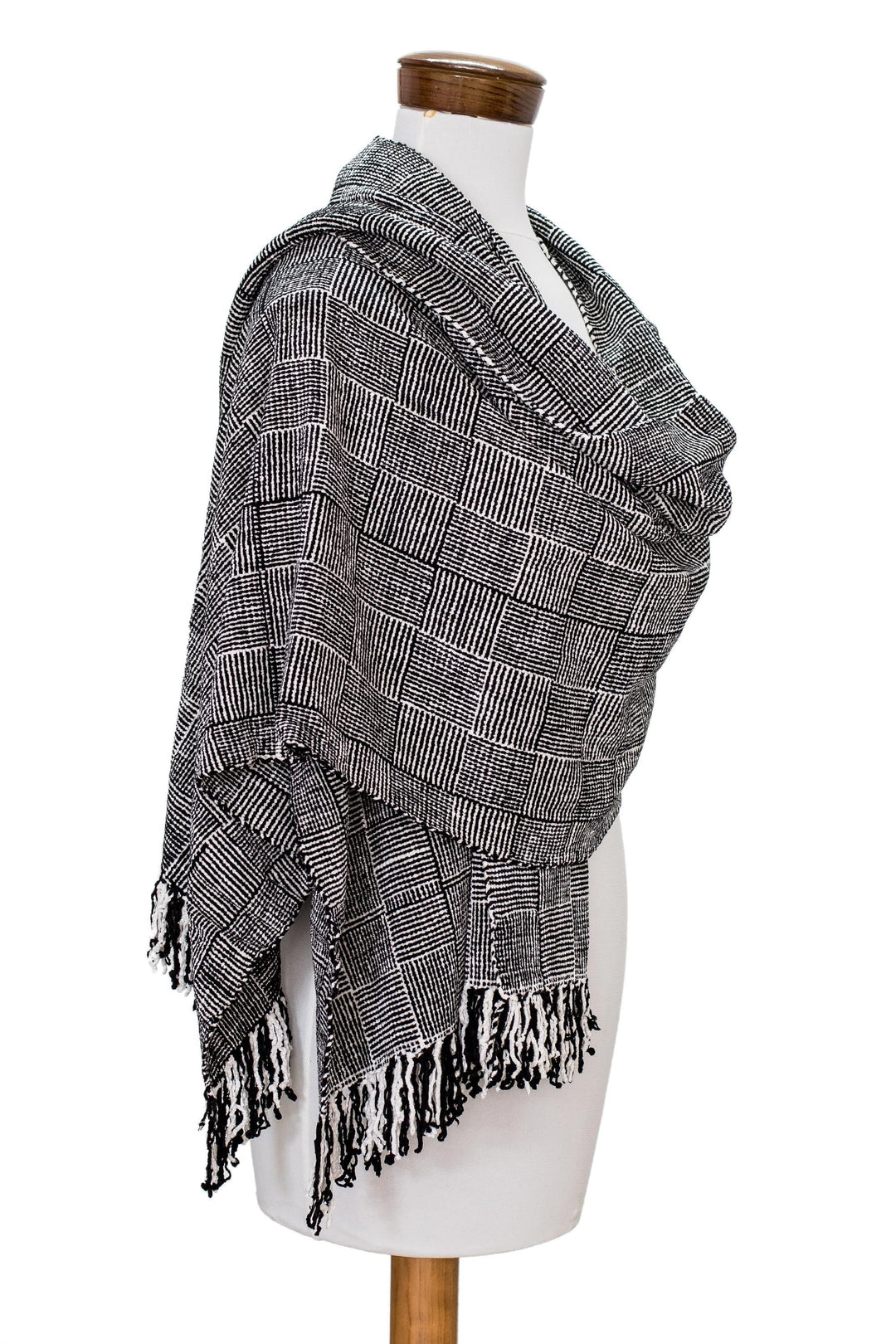 Handloomed Rayon Shawl in Black and White - Monochromatic Elegance