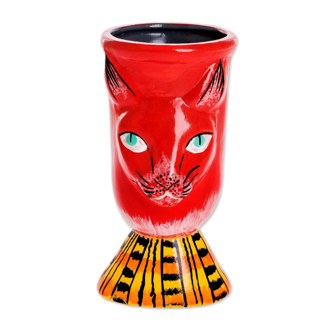 Handmade Cat Motif Planter - Top Cat in Red