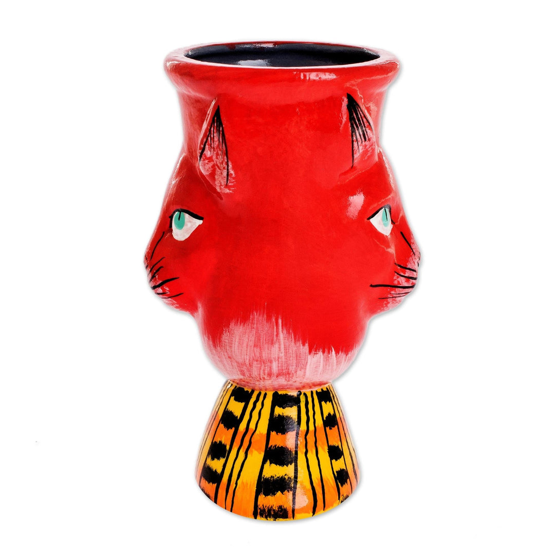 Handmade Cat Motif Planter - Top Cat in Red