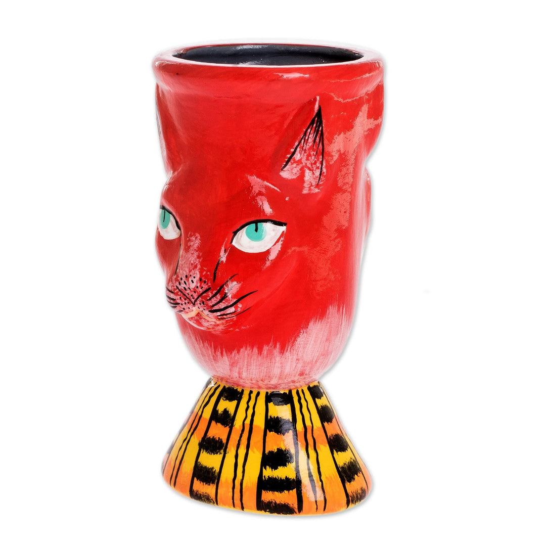 Handmade Cat Motif Planter - Top Cat in Red