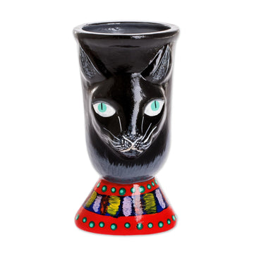 Hand-Painted Ceramic Flower Pot - Top Cat in Black