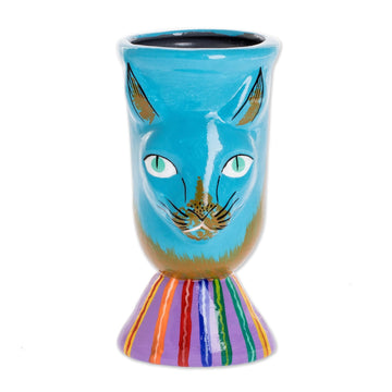 Small Handcrafted Ceramic Plant Pot - Top Cat in Turquoise