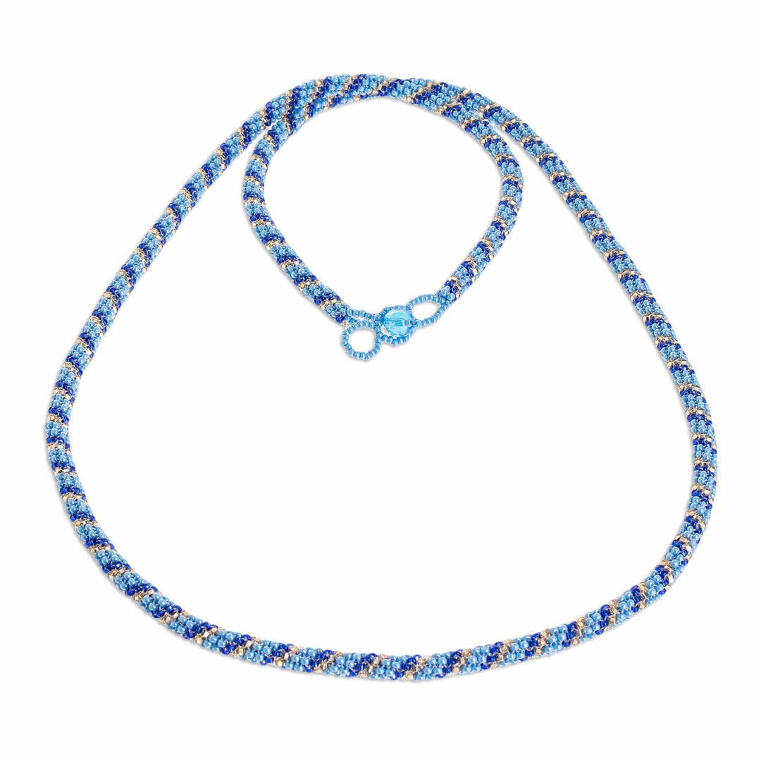 Blue Beaded Glass Long Strand Necklace - Sea Stripes