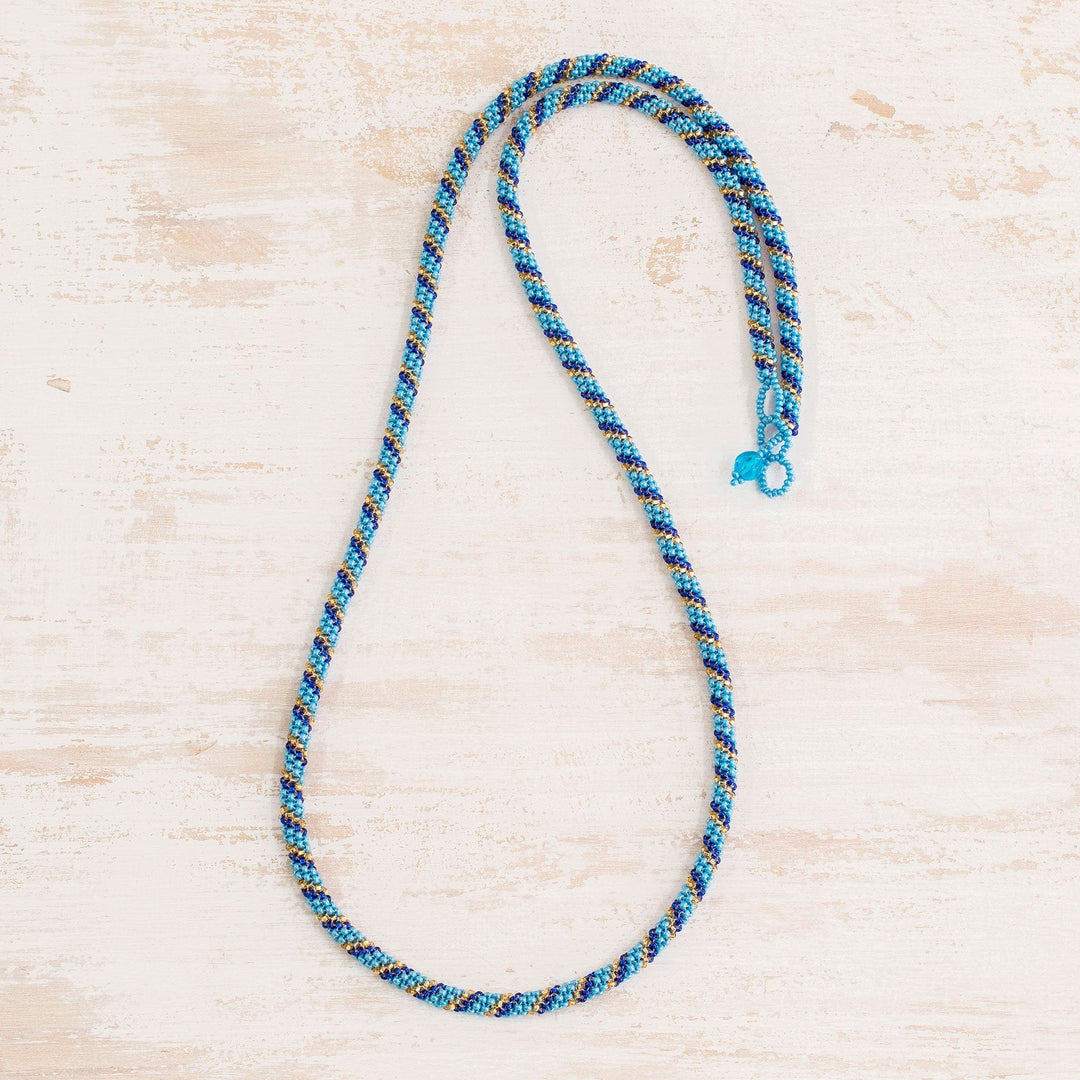 Blue Beaded Glass Long Strand Necklace - Sea Stripes