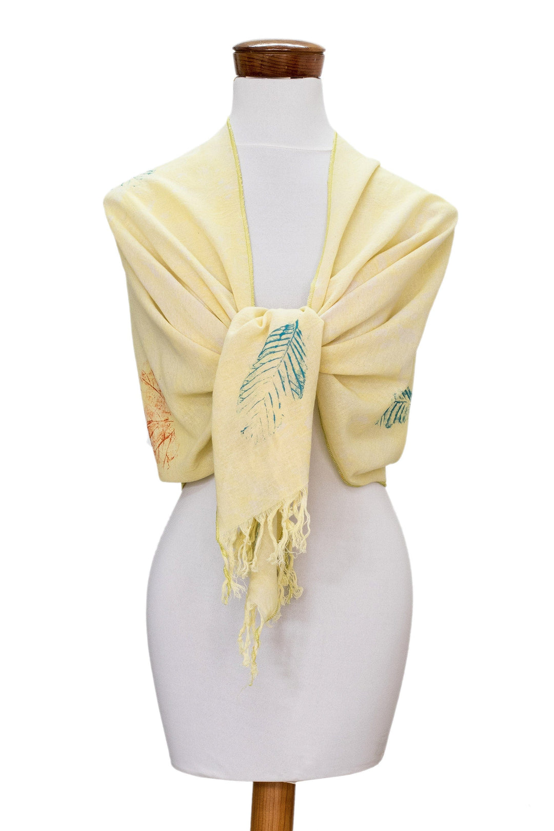 Fringed Hand-Painted Cotton Scarf - Leaf Fancy