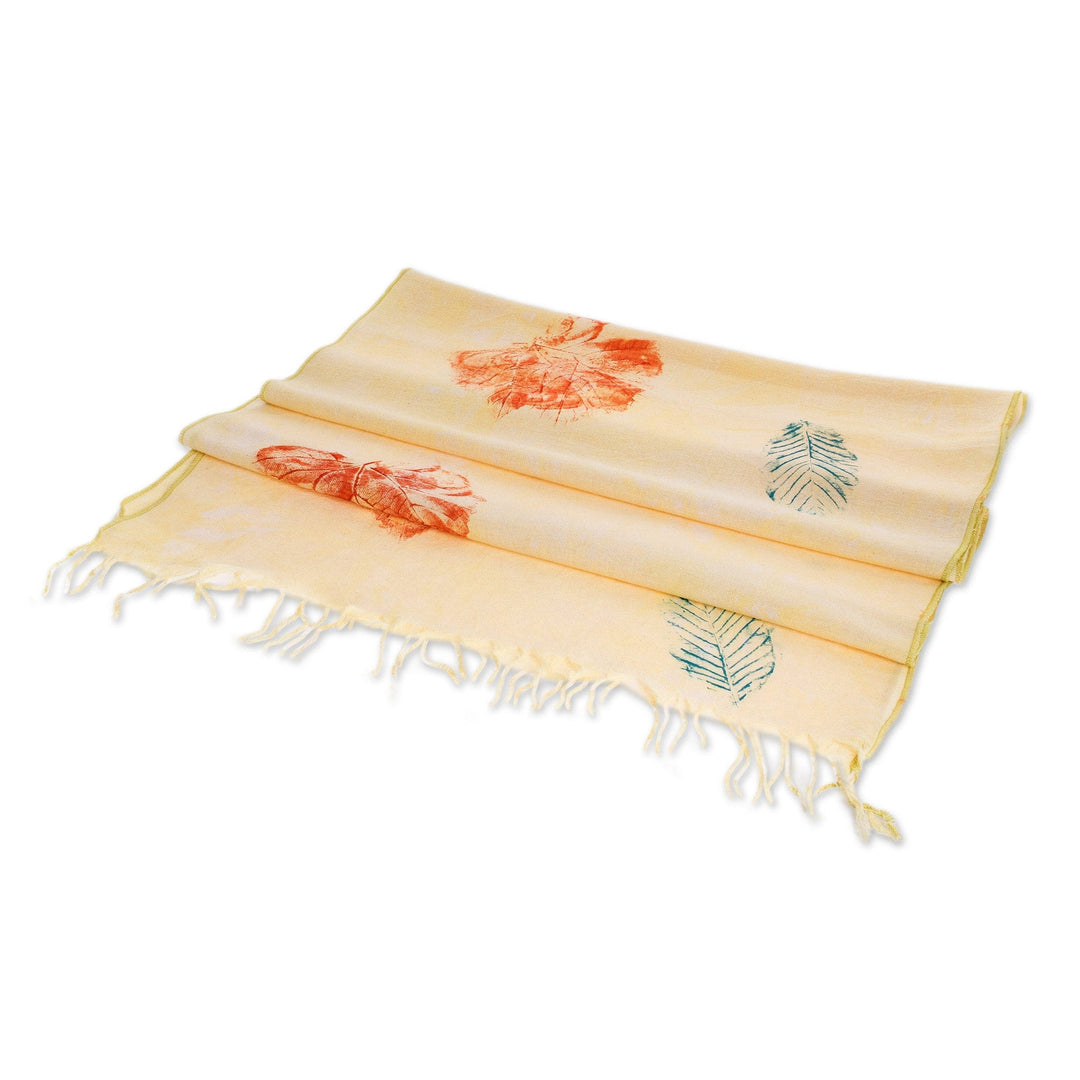 Fringed Hand-Painted Cotton Scarf - Leaf Fancy