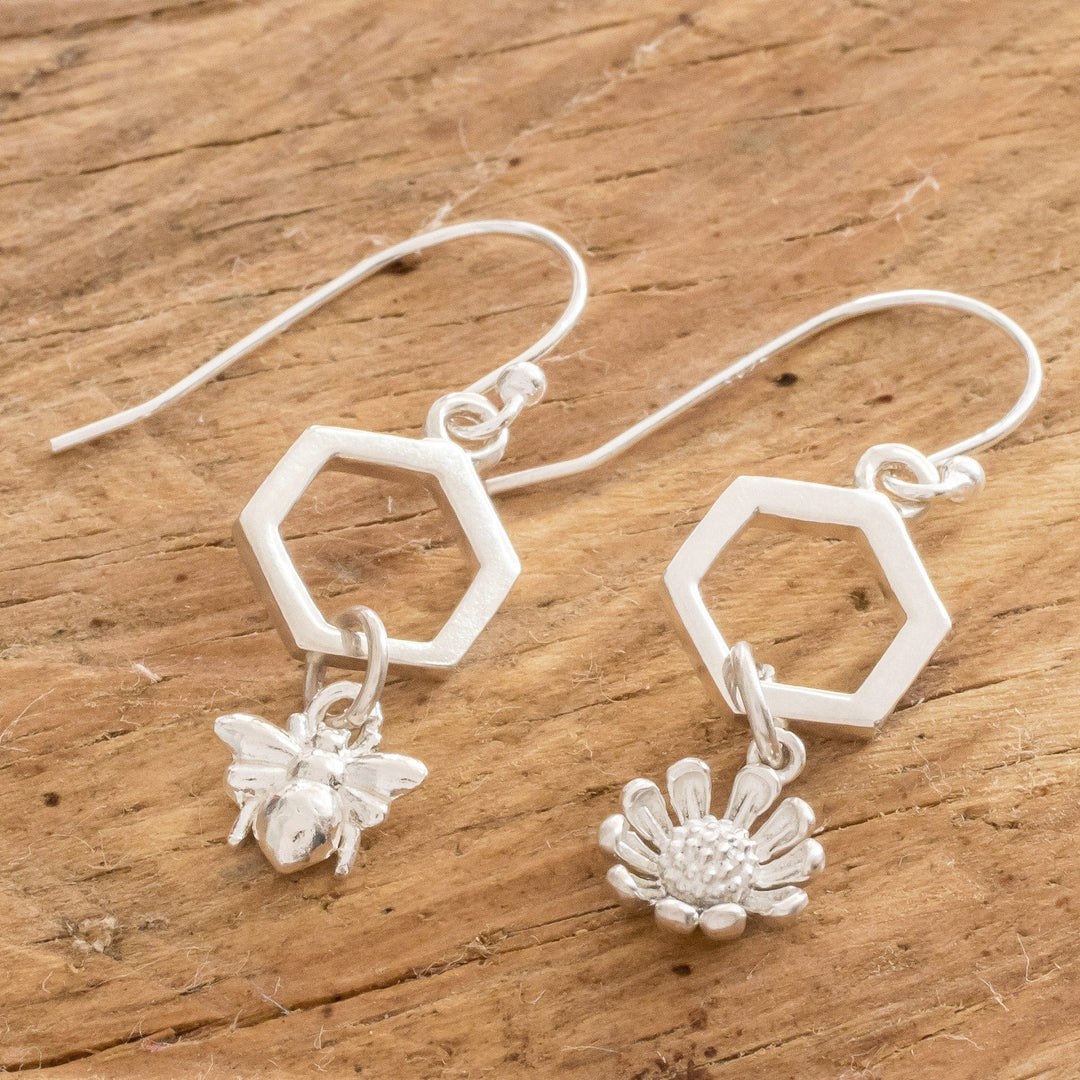 Costa Rican Sterling Silver Bee and Flower Dangle Earrings - Honeycomb Flower