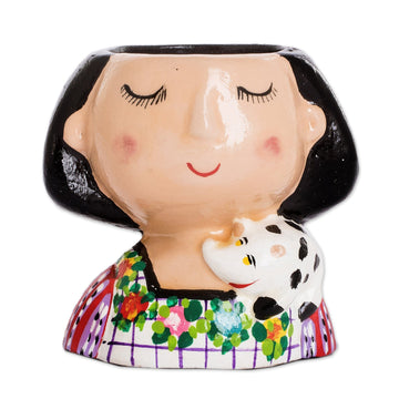 Guatemalan Handpainted Woman-shaped Mini Ceramic Flower Pot - Maria Dreaming