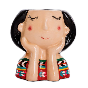 Guatemalan Handpainted Woman-shaped Mini Ceramic Flower Pot - Esperanza Dreaming
