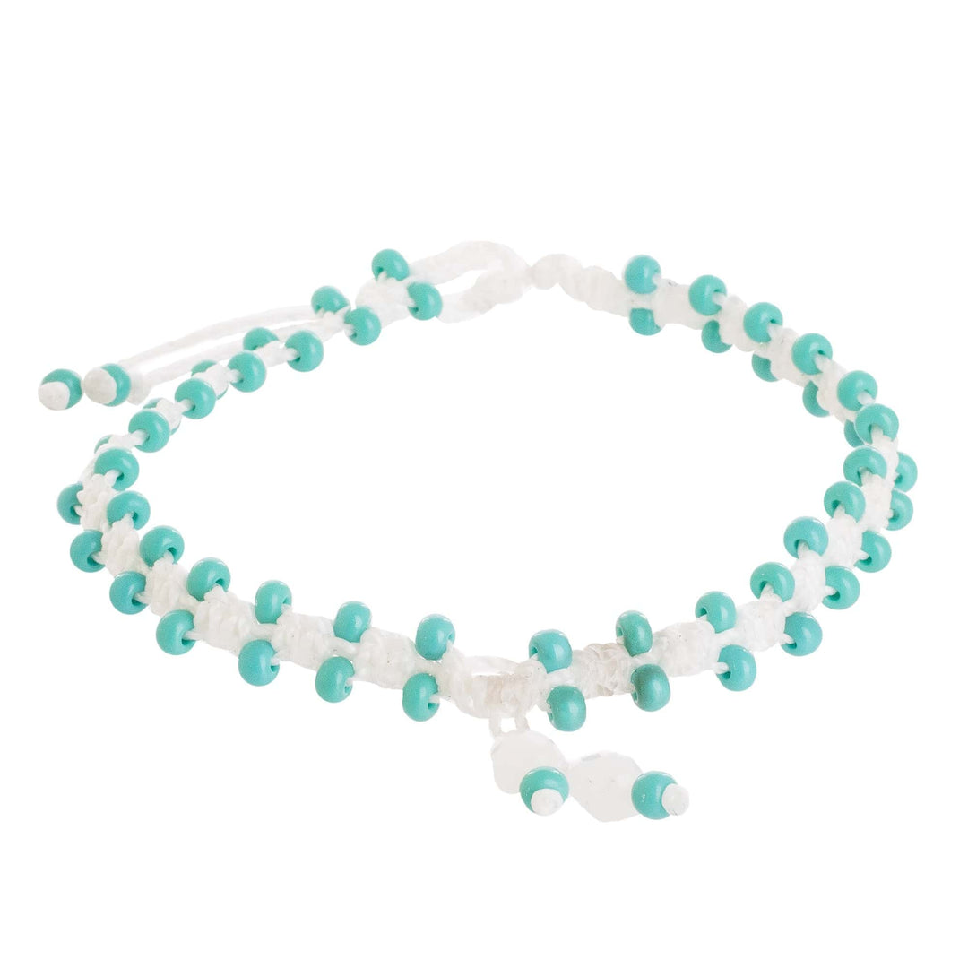 Hand Braided Beaded Anklet in White and Teal - Aqua Enchantment