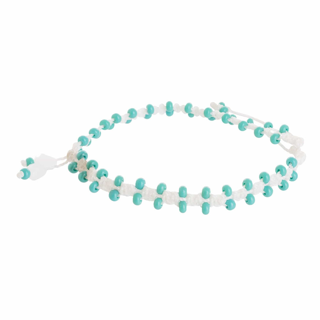 Hand Braided Beaded Anklet in White and Teal - Aqua Enchantment