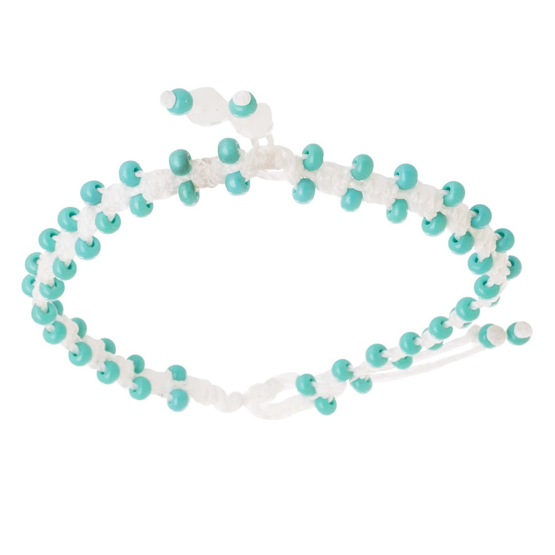 Hand Braided Beaded Anklet in White and Teal - Aqua Enchantment