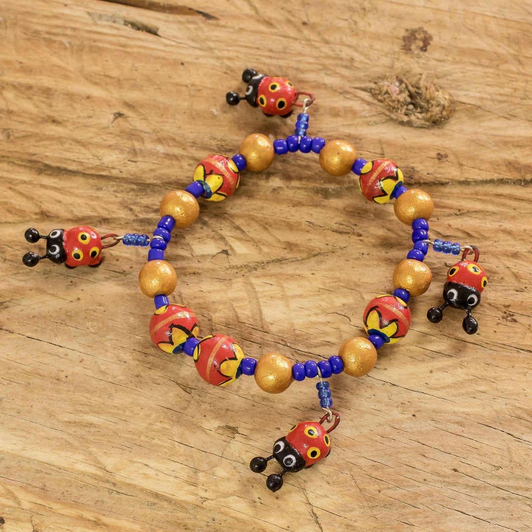 Handcrafted Ceramic Beaded Stretch Bracelet with Ladybugs - Cheerful Ladybugs