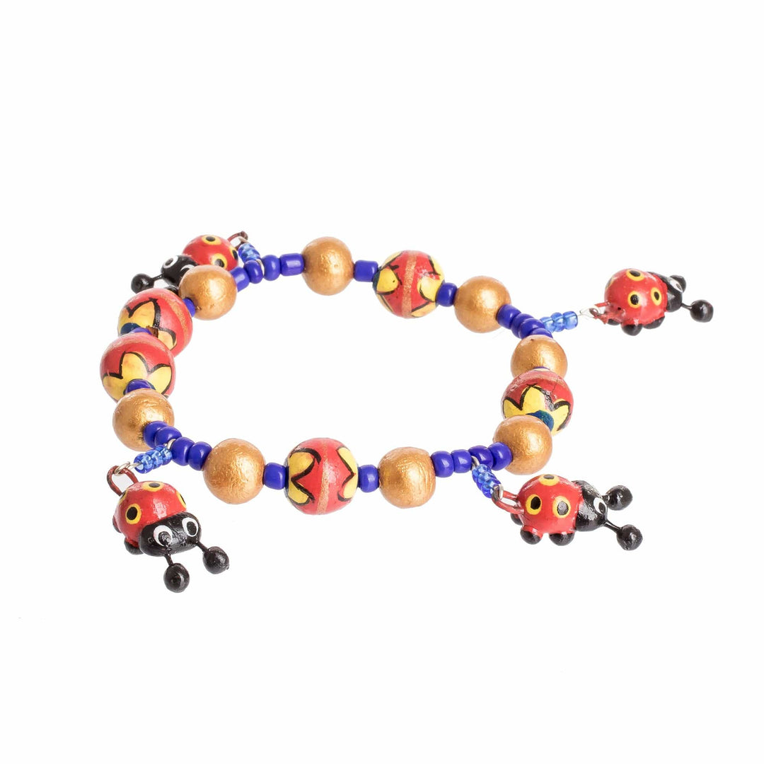Handcrafted Ceramic Beaded Stretch Bracelet with Ladybugs - Cheerful Ladybugs