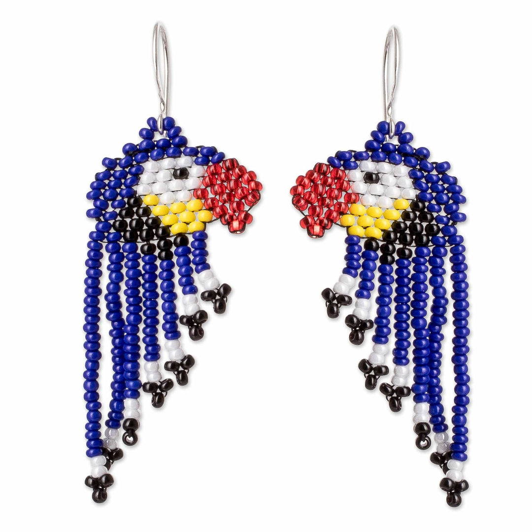 Cute Glass Beaded Waterfall Earrings - Macaws in Blue